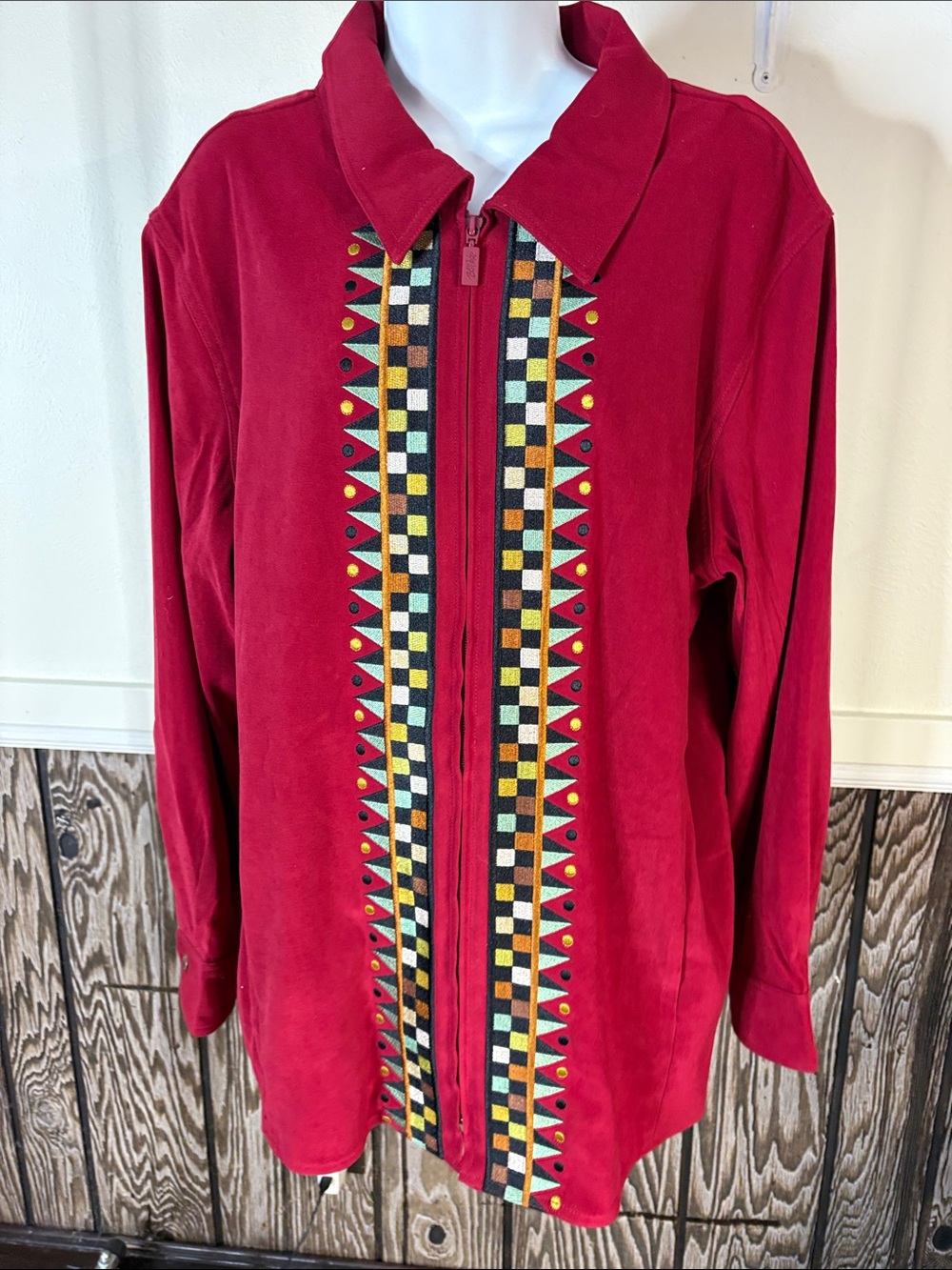 Bob Mackie Crimson Zip-Front Hoodie with Colorful Geometric Trim